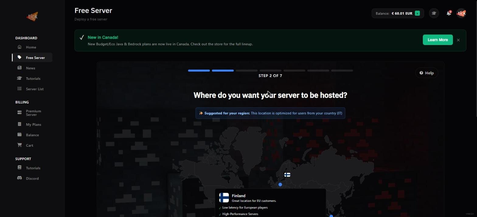 Tick Hosting's server location picker showing available regions on the map