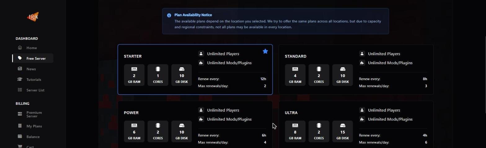 The four free Minecraft server plan tiers on Tick Hosting, showing RAM and renewal requirements