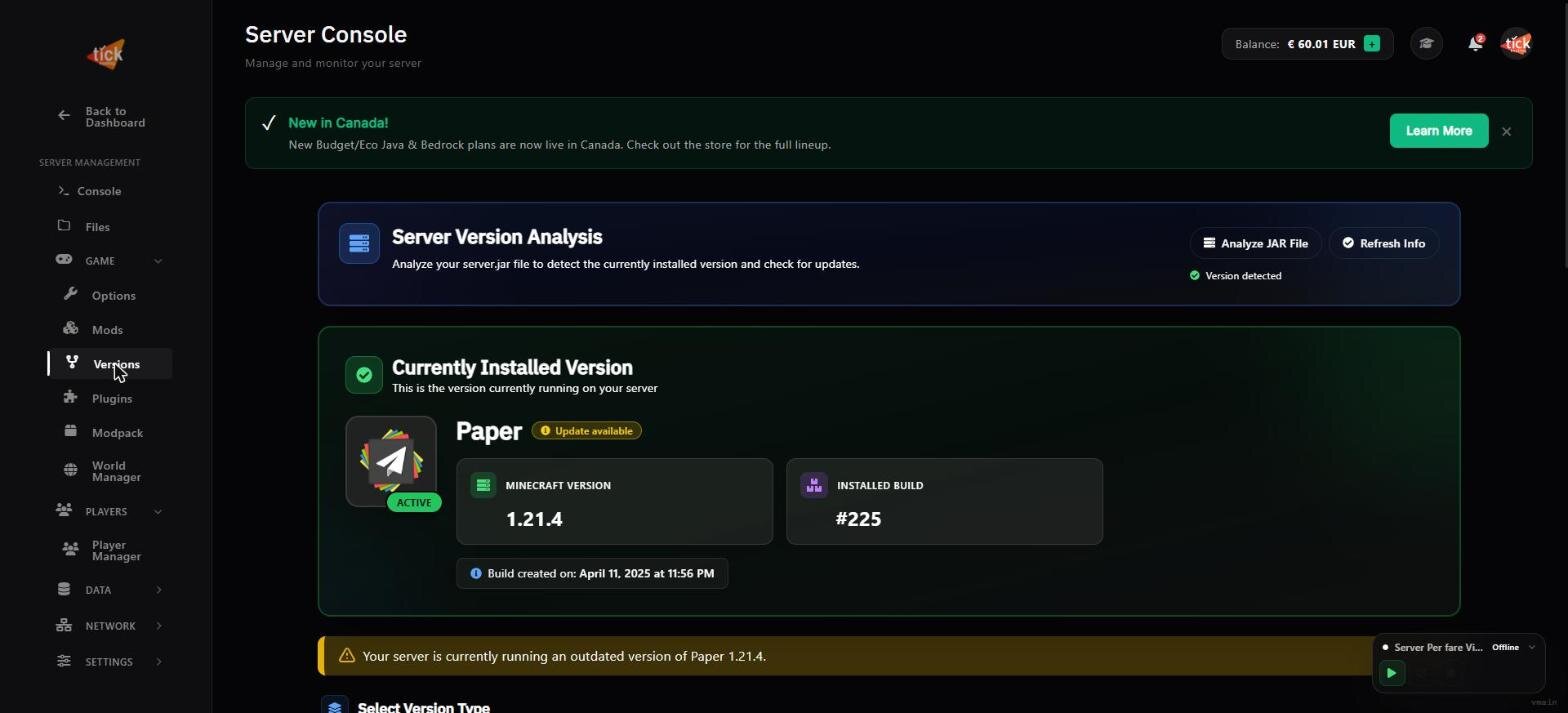 The server version analysis panel on Tick Hosting, showing the installed Paper build
