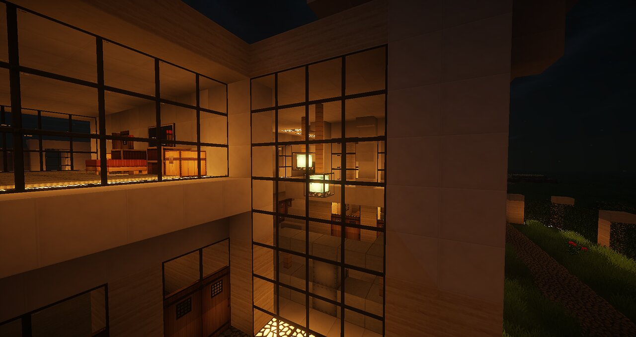 The glowing interior of a modern Minecraft house at night, seen through large windows