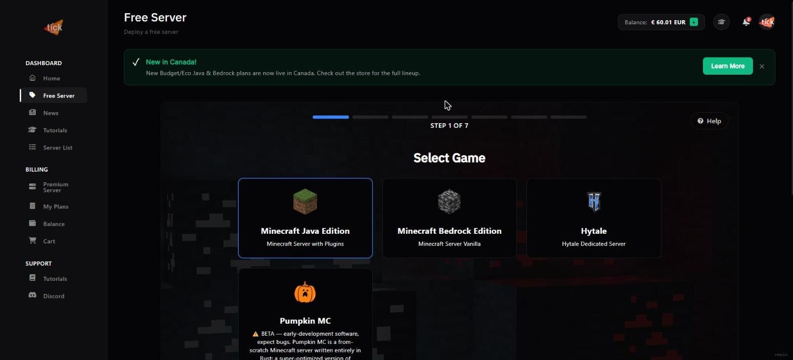 Step 1 of Tick Hosting's free server creation wizard: selecting Java, Bedrock, or another game