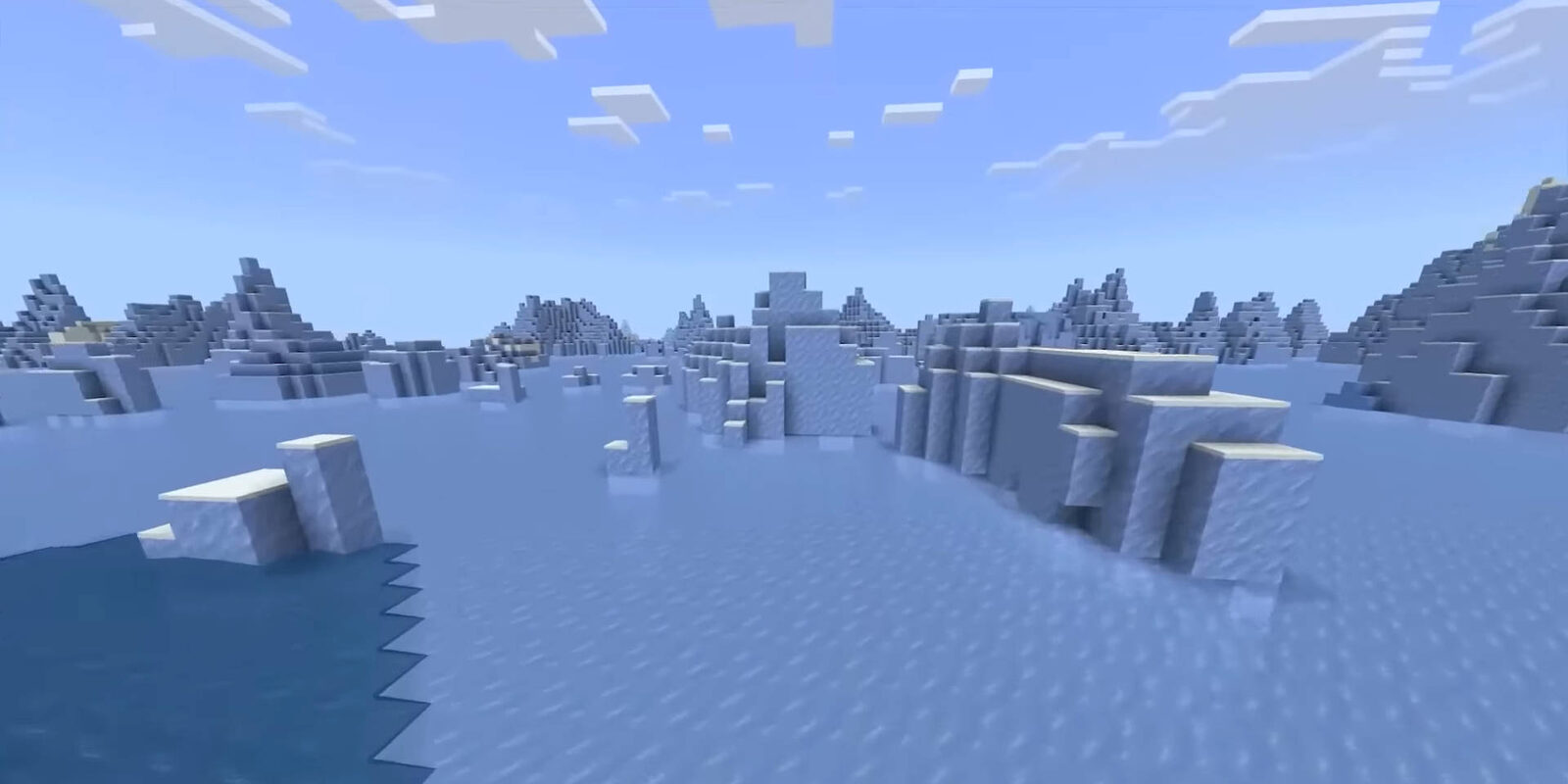 A frozen ocean biome in Minecraft, calm and icy under a clear sky