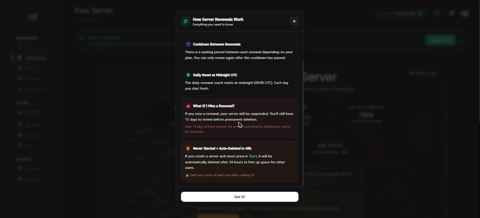 Tick Hosting's in-panel explanation of how free server renewals work