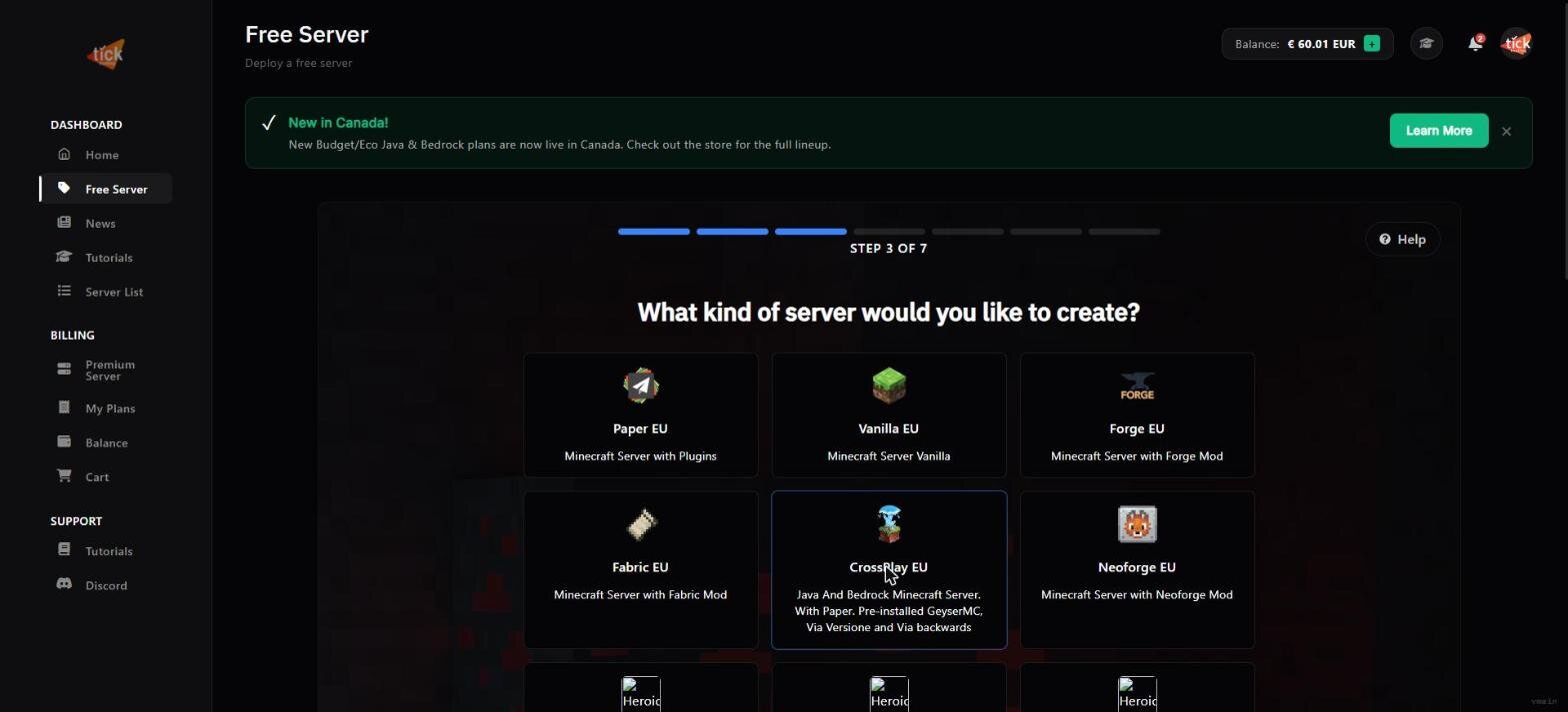 Selecting the CrossPlay EU server type with GeyserMC pre-installed on Tick Hosting