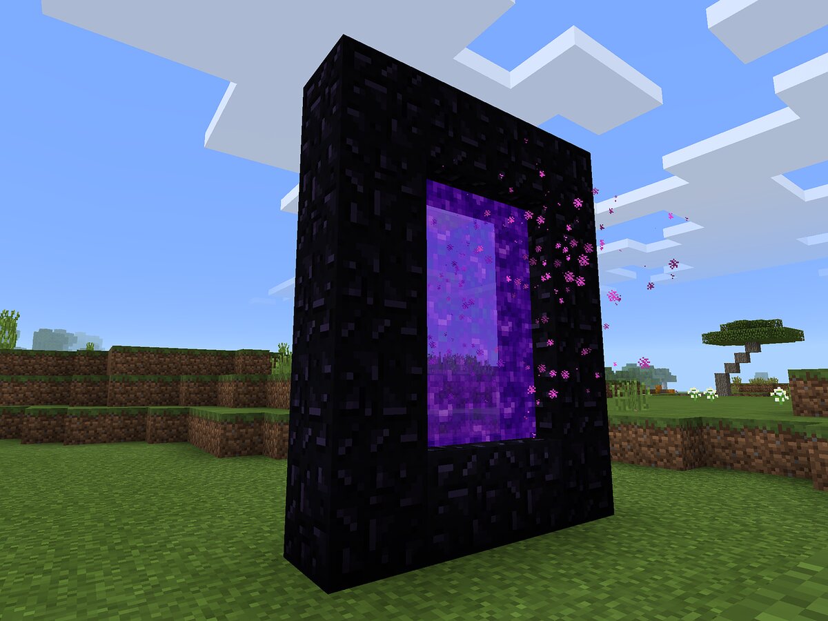 A glowing Nether portal standing in a grassy Minecraft field