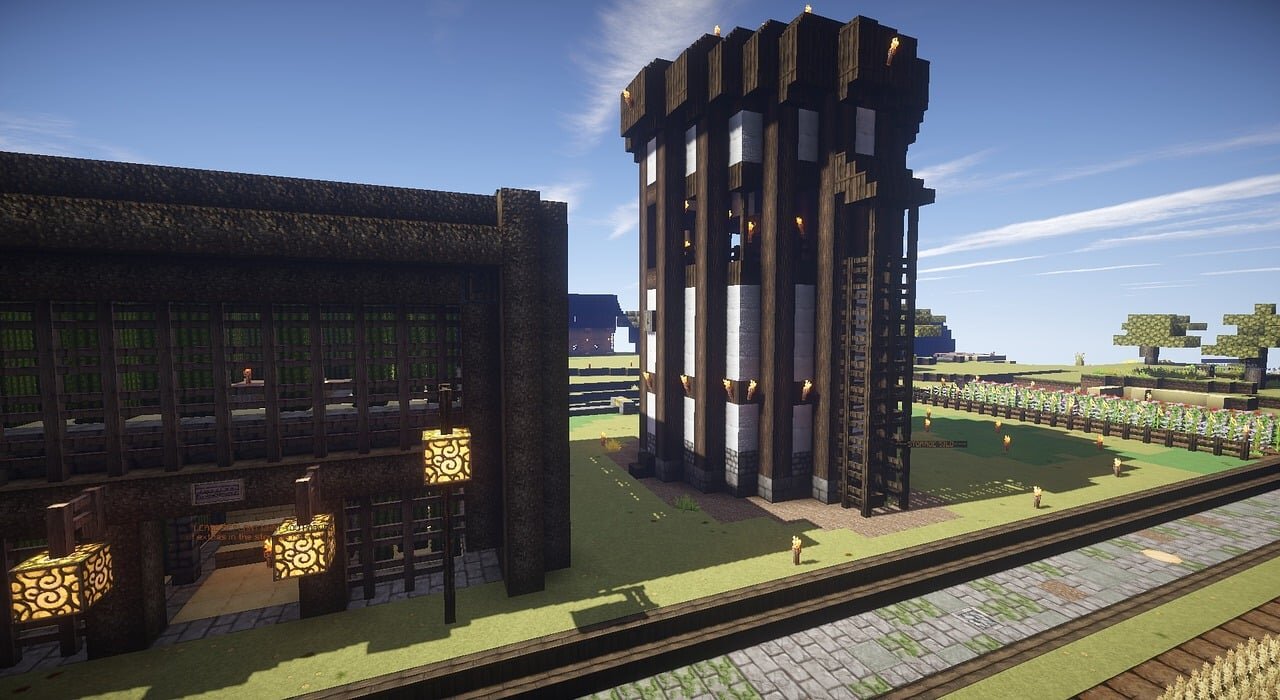 A tall industrial silo and storage building in Minecraft