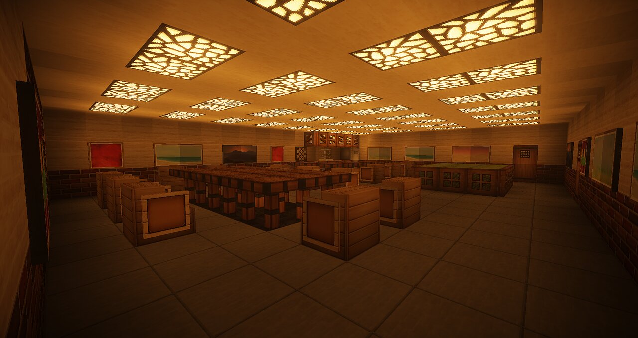 A warmly lit Minecraft server room with glowing ceiling panels and storage crates