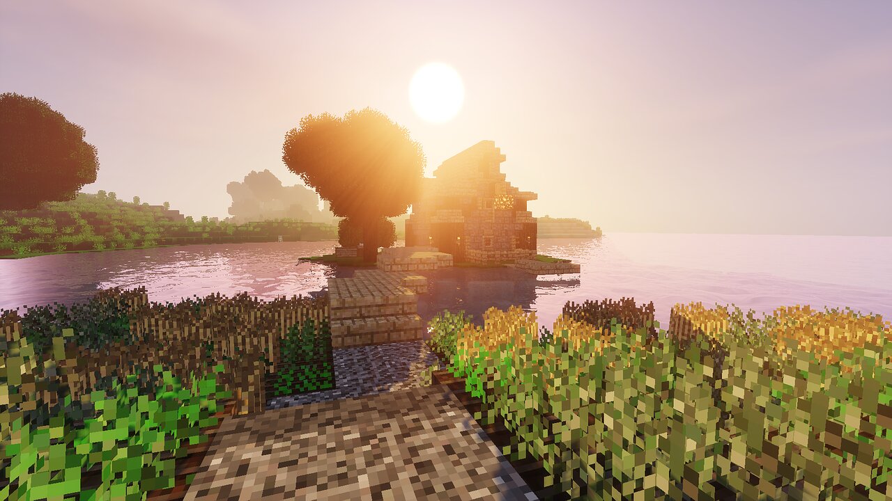 A small wooden house by a lake surrounded by wheat fields at sunset