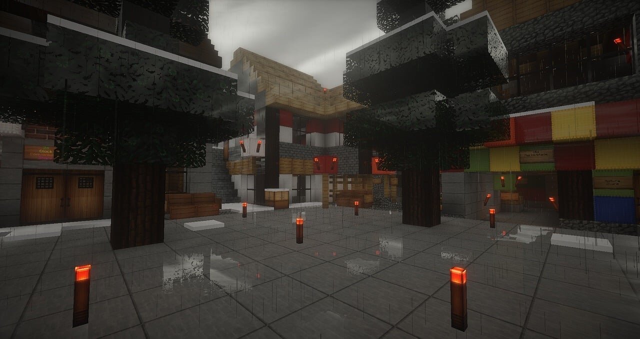 A rainy Minecraft town square lined with shops and lanterns at dusk