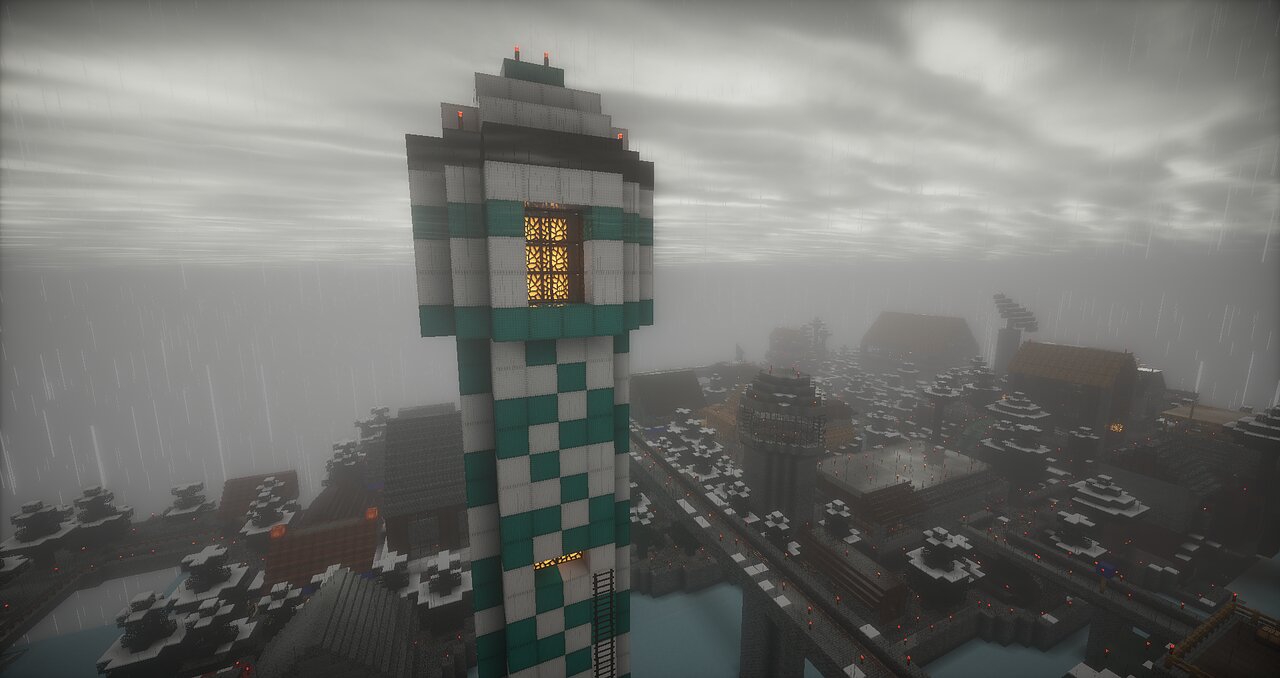 A tall lighthouse tower overlooking a foggy Minecraft harbor town