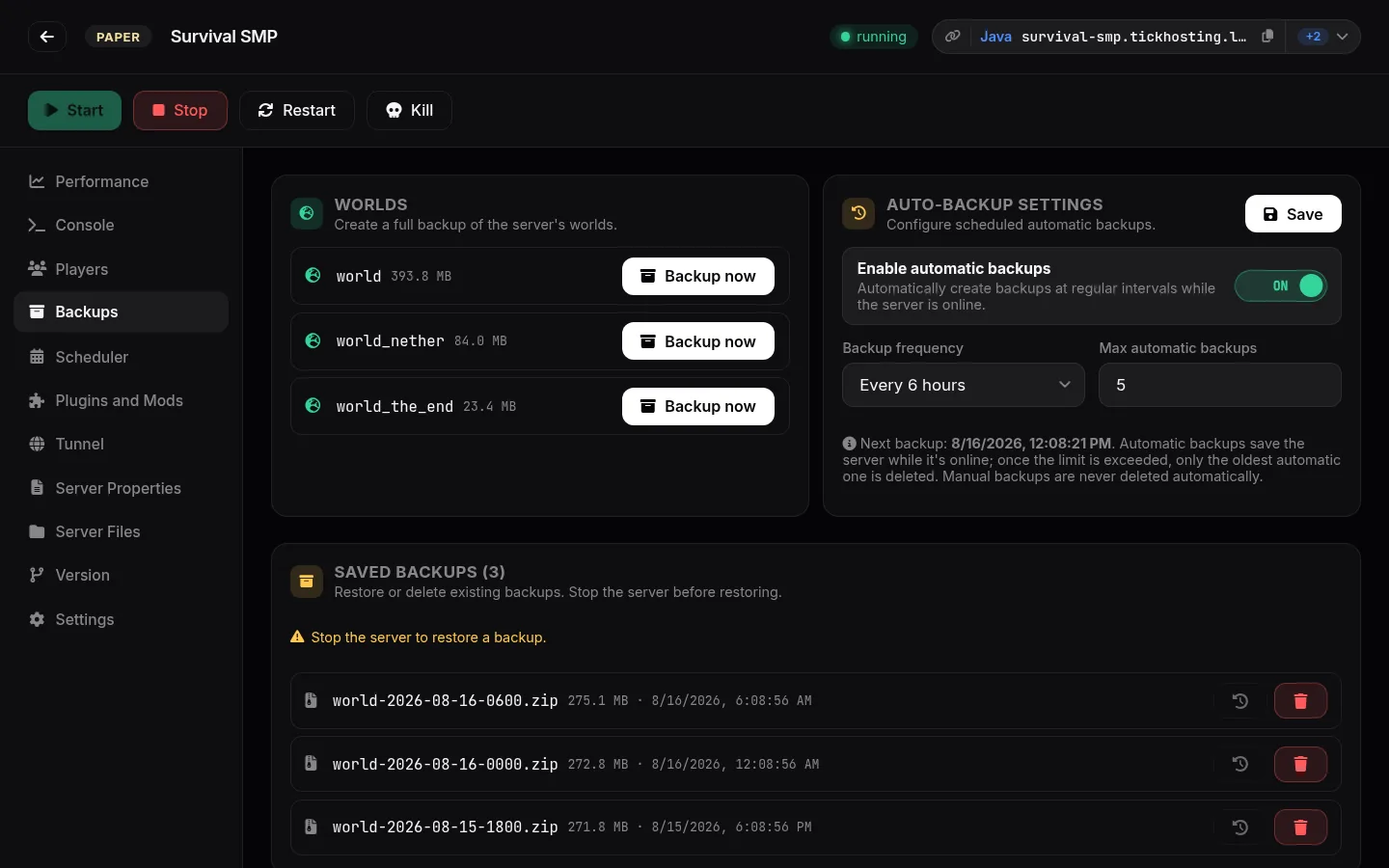 Backups tab with world list, auto-backup settings and saved backup archives