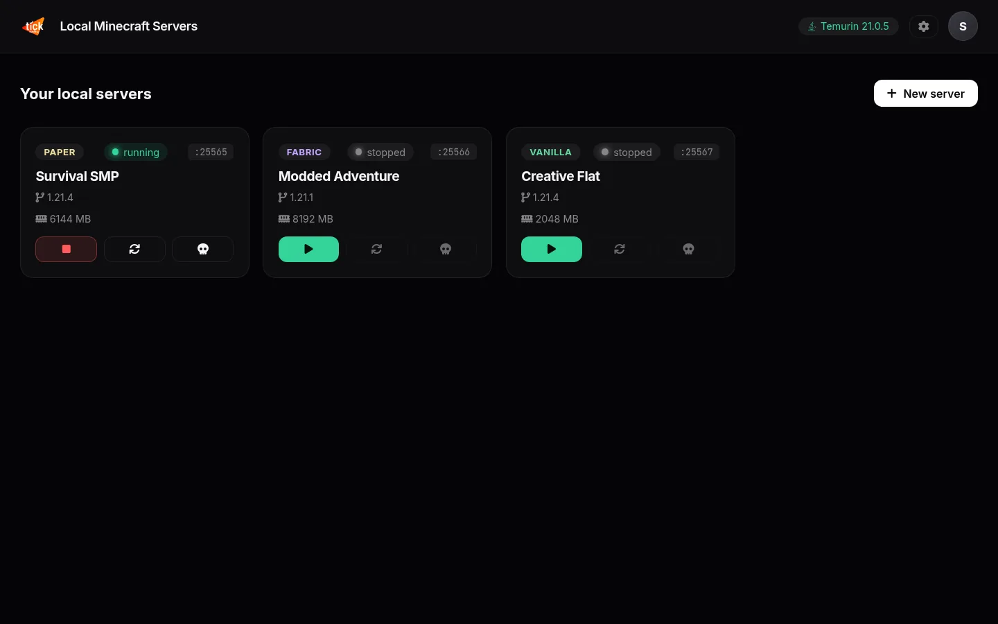 TickHosting Desktop home screen listing three local Minecraft servers with status and RAM