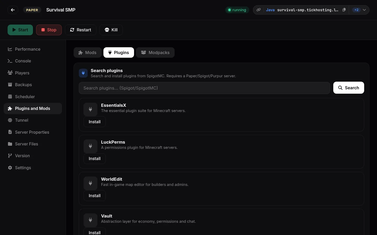 Plugin marketplace inside the app listing EssentialsX, LuckPerms, WorldEdit and Vault