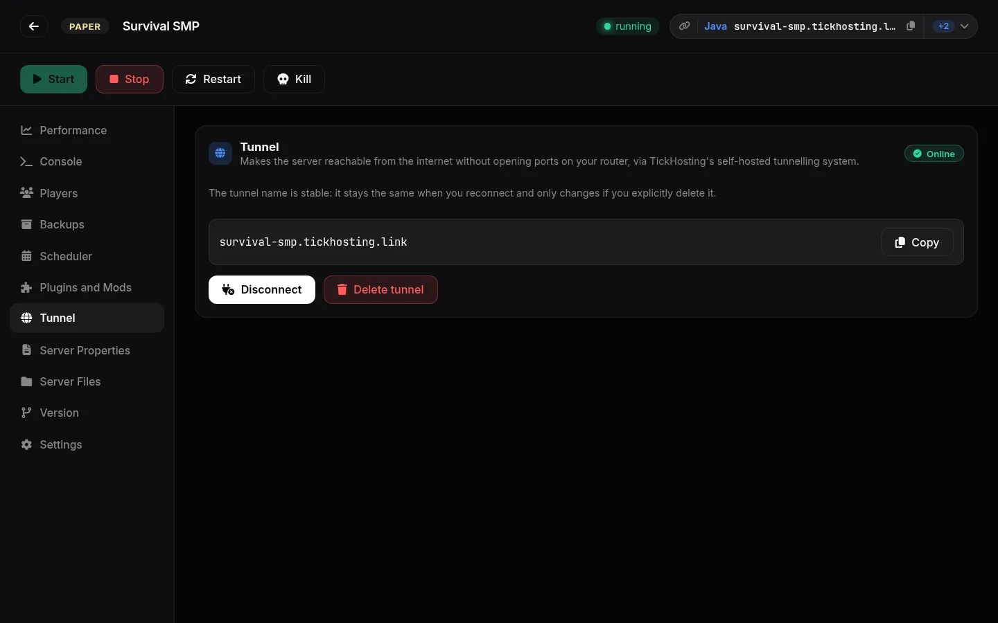 Tunnel tab showing a public address survival-smp.tickhosting.link marked online