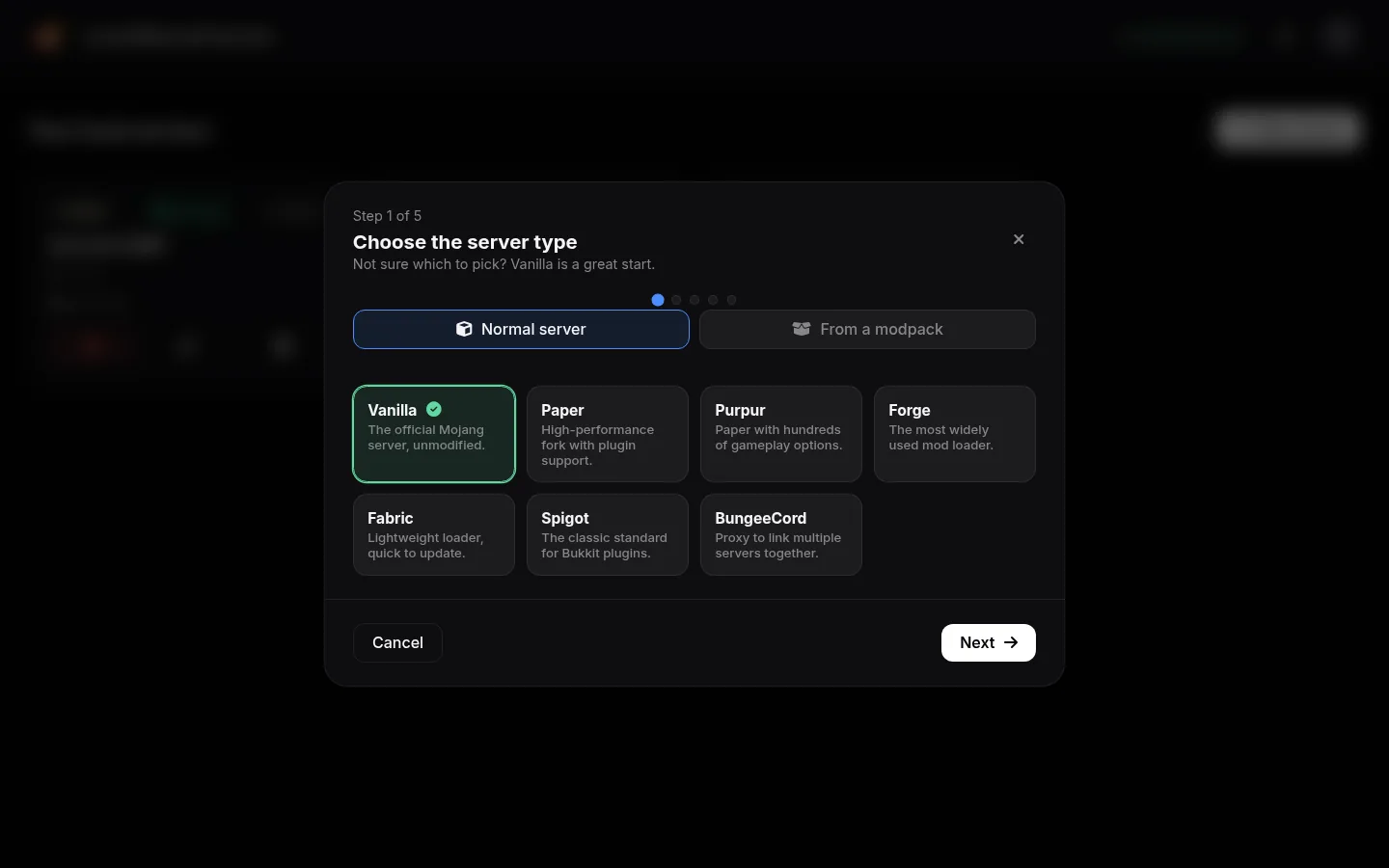 Server creation wizard showing Vanilla, Paper, Purpur, Forge, Fabric, Spigot and BungeeCord options